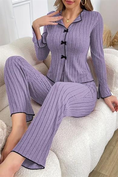 Bella Notte Mor Pamuklu Uzun Kollu Fiyonk Detaylı Hoş Pijama Takımı 77123