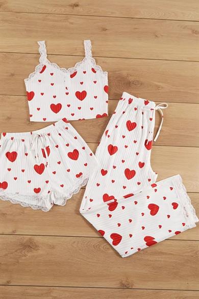 Bella Notte Pamuklu 3 Parça Kalp Desenli Pijama Takımı 7707
