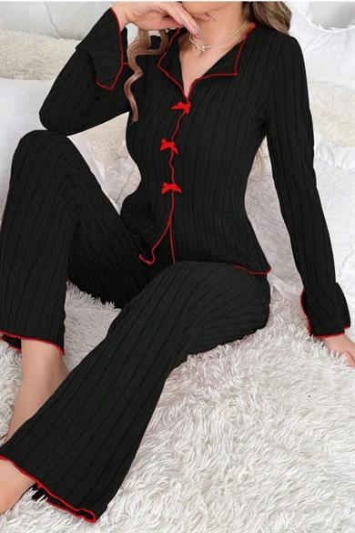 Bella Notte Pamuklu Kırmızı Fiyonk Detaylı  Pijama Takımı 7143