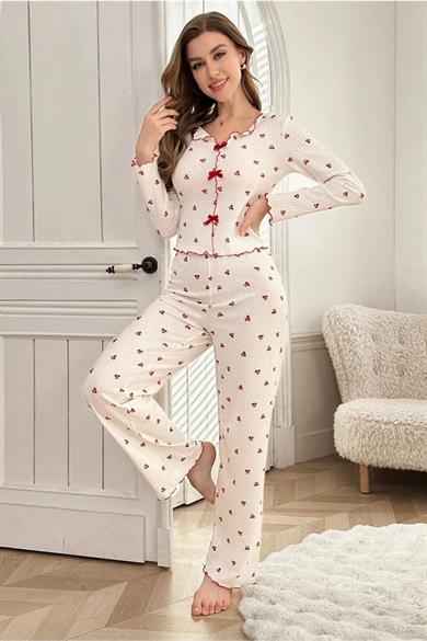 BELLA NOTTE Pamuklu Kurdale Detaylı Kiraz Desenli Pijama Takımı 7135