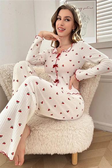 BELLA NOTTE Pamuklu Kurdale Detaylı Kiraz Desenli Pijama Takımı 7135
