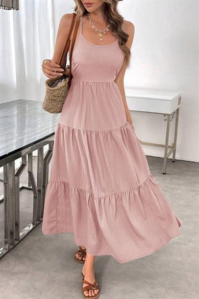 Bella Notte Pembe Askılı Bisiklet Yaka Yazlık Elbise E-5523