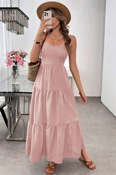 Bella Notte Pembe Askılı Bisiklet Yaka Yazlık Elbise E-5523