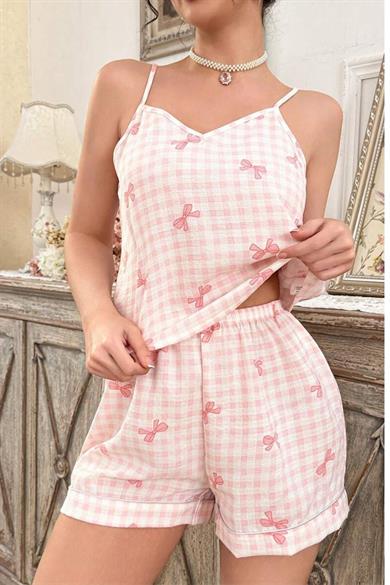 Bella Notte Pembe Askılı Fiyonk Baskılı Şort Takım 7793