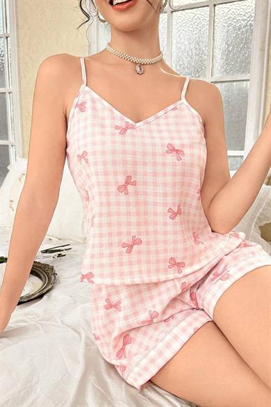 Bella Notte Pembe Askılı Fiyonk Baskılı Şort Takım 7793