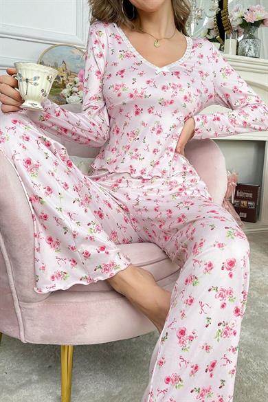 Bella Notte Pembe Çiçek Baskılı Pamuklu Pijama Takımı 7301