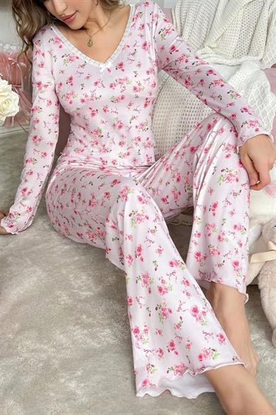 Bella Notte Pembe Çiçek Baskılı Pamuklu Pijama Takımı 7301