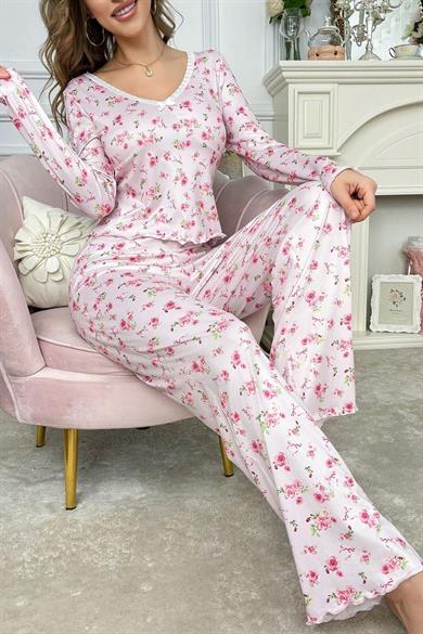 Bella Notte Pembe Çiçek Baskılı Pamuklu Pijama Takımı 7301