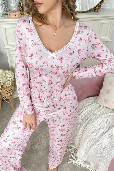 Bella Notte Pembe Çiçek Baskılı Pamuklu Pijama Takımı 7301