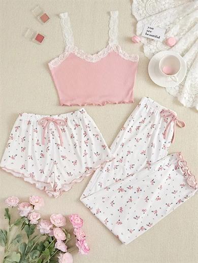 Bella Notte Pembe Çiçek Desenli 3lü Pijama Takımı 7705