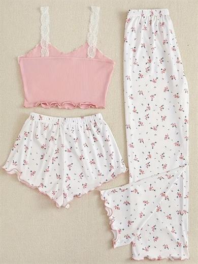 Bella Notte Pembe Çiçek Desenli 3lü Pijama Takımı 7705