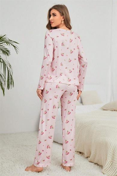 Bella Notte Pembe Çiçek Desenli Bisiklet Yaka Pijama Takımı 7131