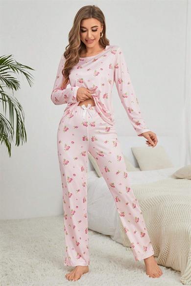 Bella Notte Pembe Çiçek Desenli Bisiklet Yaka Pijama Takımı 7131