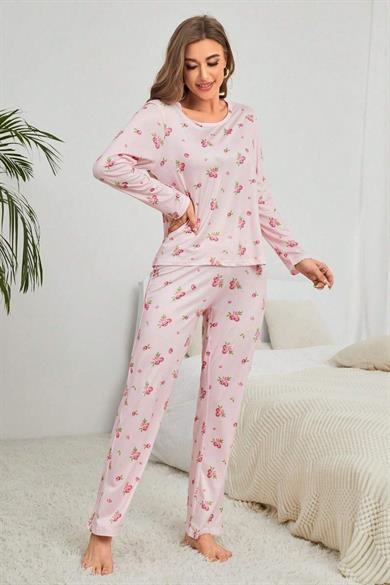 Bella Notte Pembe Çiçek Desenli Bisiklet Yaka Pijama Takımı 7131
