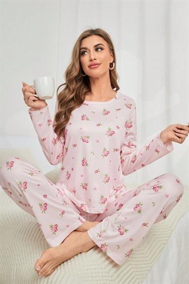 Bella Notte Pembe Çiçek Desenli Bisiklet Yaka Pijama Takımı 7131