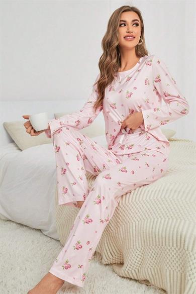 Bella Notte Pembe Çiçek Desenli Bisiklet Yaka Pijama Takımı 7131