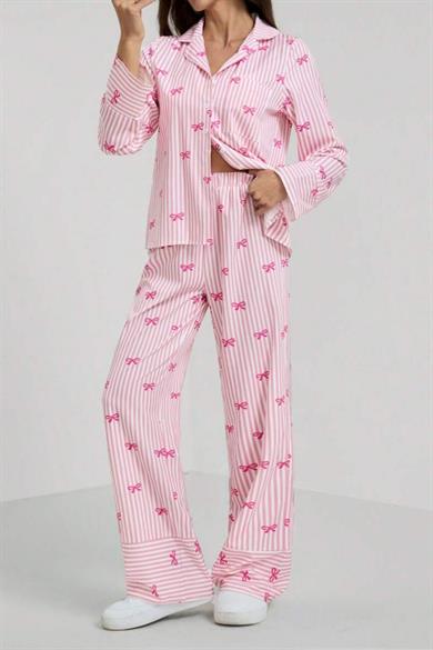 Bella Notte Pembe Fiyonk Baskılı Çizgili Pijama Takımı 77345