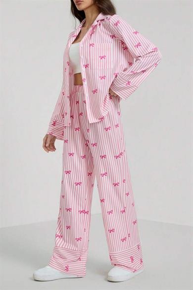 Bella Notte Pembe Fiyonk Baskılı Çizgili Pijama Takımı 77345