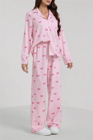 Bella Notte Pembe Fiyonk Baskılı Çizgili Pijama Takımı 77345