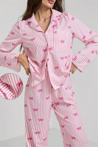 Bella Notte Pembe Fiyonk Baskılı Çizgili Pijama Takımı 77345