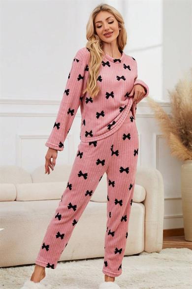 Bella Notte Pembe Fiyonk Baskılı Pamuklu Pijama Takımı 77191