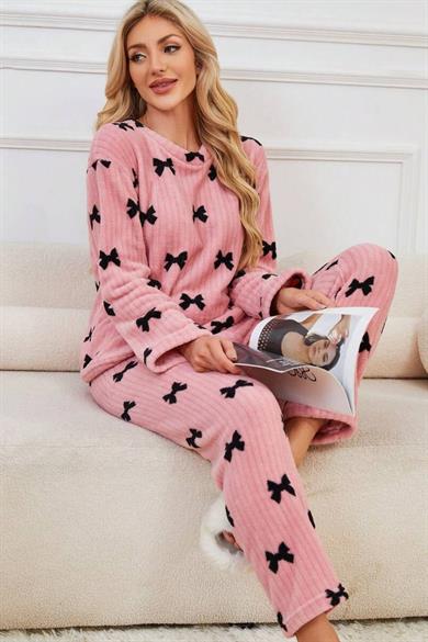 Bella Notte Pembe Fiyonk Baskılı Pamuklu Pijama Takımı 77191