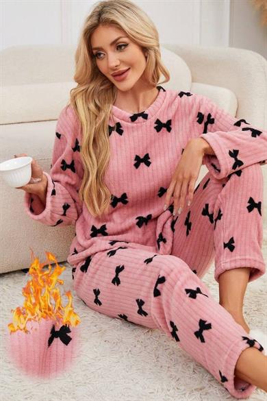Bella Notte Pembe Fiyonk Baskılı Pamuklu Pijama Takımı 77191