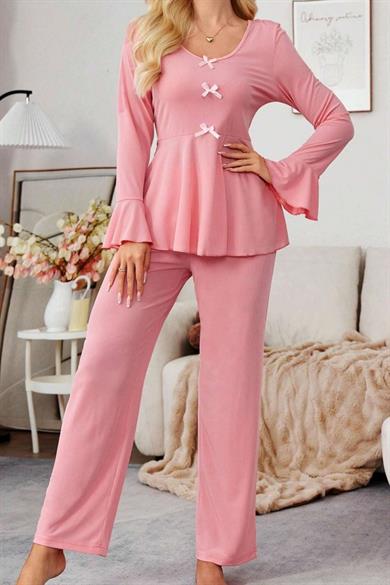 Bella Notte Pembe Fiyonk Detaylı Günlük Pijama Takımı 7141