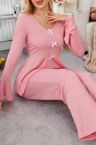 Bella Notte Pembe Fiyonk Detaylı Günlük Pijama Takımı 7141