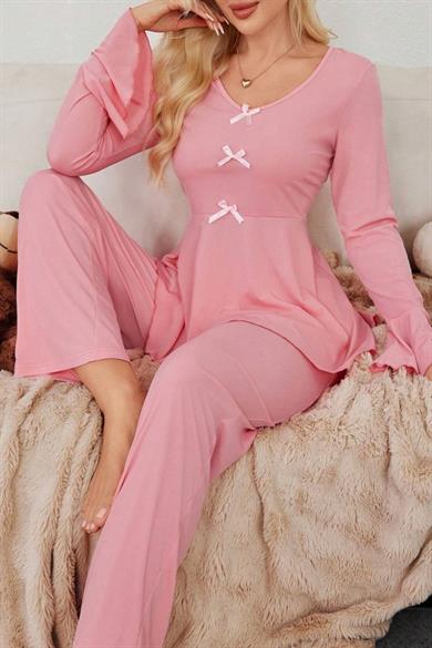 Bella Notte Pembe Fiyonk Detaylı Günlük Pijama Takımı 7141