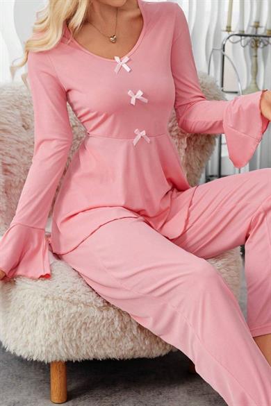 Bella Notte Pembe Fiyonk Detaylı Günlük Pijama Takımı 7141