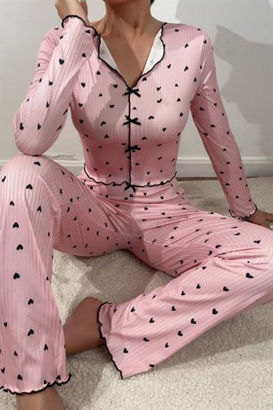 Bella Notte Pembe Fiyonk Detaylı Kalpli Pijama Takımı 7171