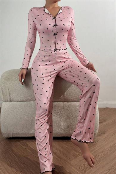 Bella Notte Pembe Fiyonk Detaylı Kalpli Pijama Takımı 7171