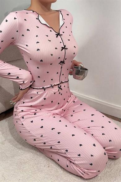 Bella Notte Pembe Fiyonk Detaylı Kalpli Pijama Takımı 7171