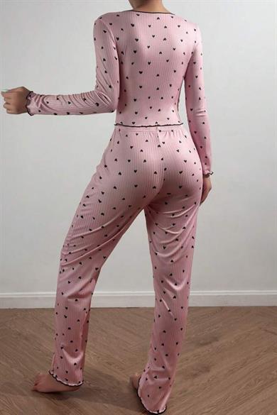 Bella Notte Pembe Fiyonk Detaylı Kalpli Pijama Takımı 7171