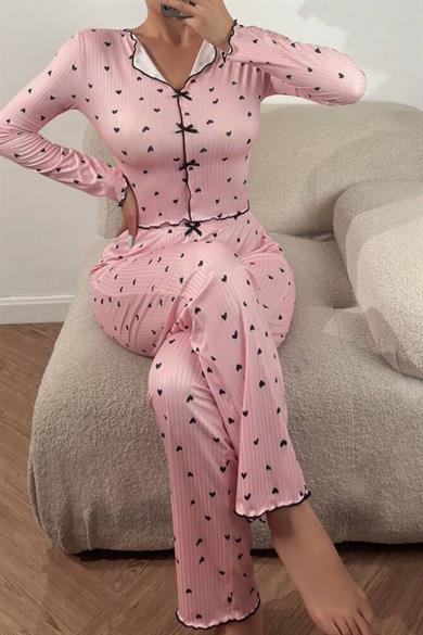 Bella Notte Pembe Fiyonk Detaylı Kalpli Pijama Takımı 7171