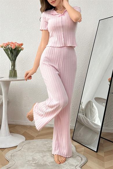 Bella Notte Pembe Fiyonk Detaylı Pamuklu Kısa Kollu Pijama Takımı 7169