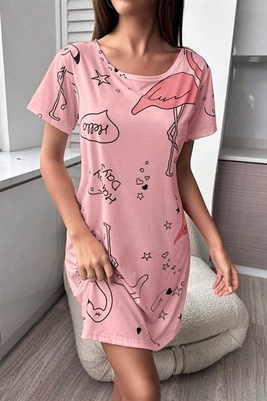 Bella Notte Pink Flamingo Patterned Nightdress-Sleeping Dress 15726