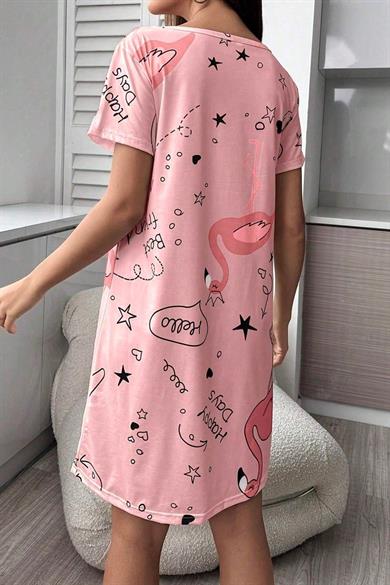 Bella Notte Pink Flamingo Patterned Nightdress-Sleeping Dress 15726