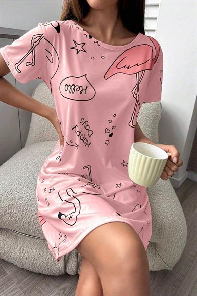 Bella Notte Pink Flamingo Patterned Nightdress-Sleeping Dress 15726