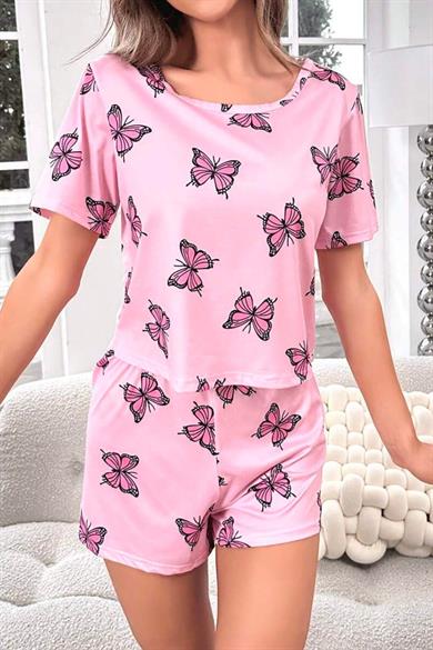 Bella Notte Pink Butterfly Patterned Shorts Set 7528