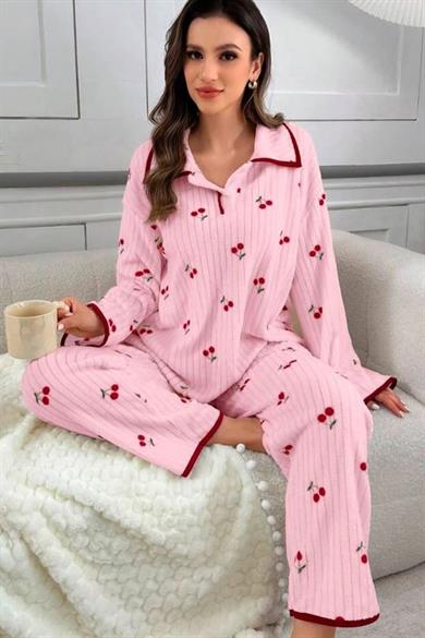 Bella Notte Pembe Kiraz Baskılı Cotton Pijama Takımı 77017