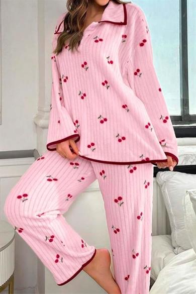 Bella Notte Pembe Kiraz Baskılı Cotton Pijama Takımı 77017