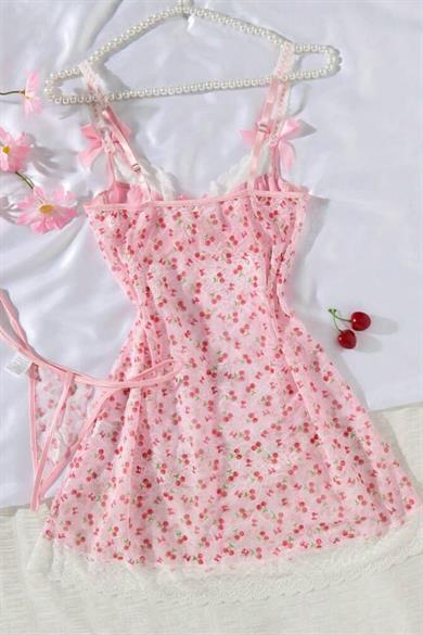 Bella Notte Pembe Kiraz Baskılı Dantelli Fransız Gecelik 35517