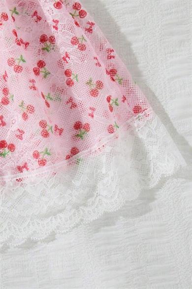 Bella Notte Pembe Kiraz Baskılı Dantelli Fransız Gecelik 35517