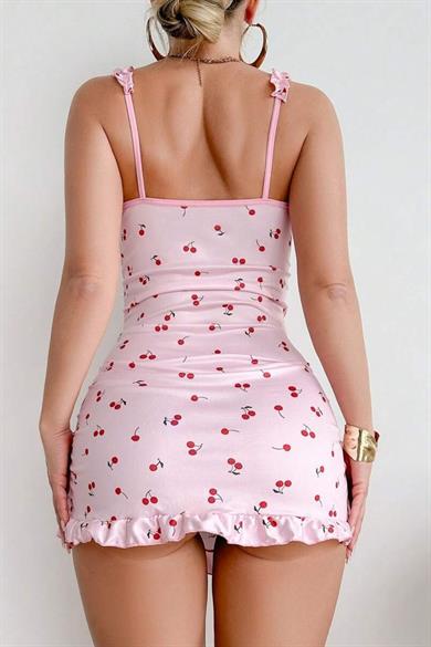 Bella Notte Pembe Kiraz Baskılı Mini Gecelik 35519