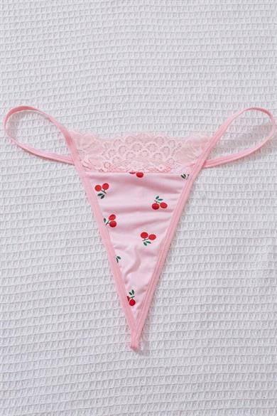 Bella Notte Pembe Kiraz Desenli Dantel Detaylı Mini Gecelik 31513