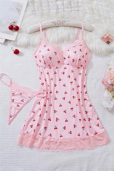 Bella Notte Pembe Kiraz Desenli Dantel Detaylı Mini Gecelik 31513