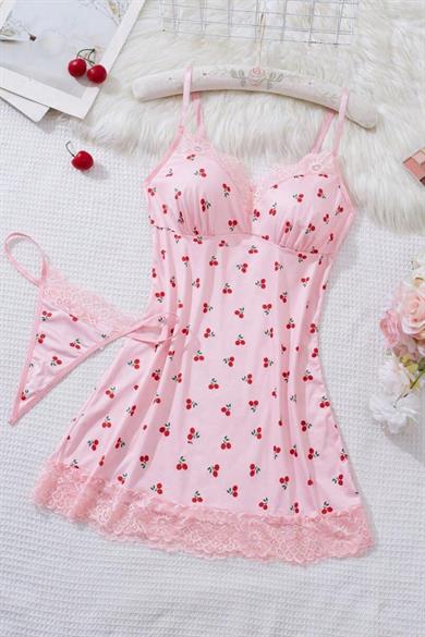 Bella Notte Pembe Kiraz Desenli Dantel Detaylı Mini Gecelik 31513