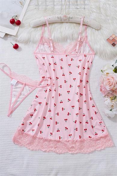 Bella Notte Pembe Kiraz Desenli Dantel Detaylı Mini Gecelik 31513